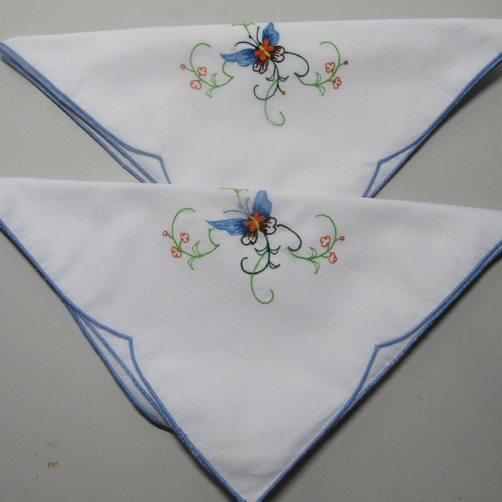 2 vintage embroidered napkins butterfly and flowers 16 inches white cotton